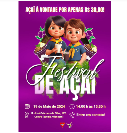 Imagem de compartilhamento para o artigo Desbravadores de Costa Rica vendem açaí por R$ 30 para ajudar em viagem de crianças e adolescentes em evento de Goiás da MS Todo dia